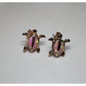 Sterling Silver Hawaiian Honu Plumeria Pink Opal Stud Earrings Gold Tone